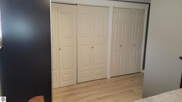 unfurnished bedroom with two closets and light wood-type flooring