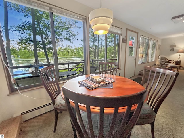 dining space featuring a healthy amount of sunlight, a baseboard heating unit, and carpet flooring