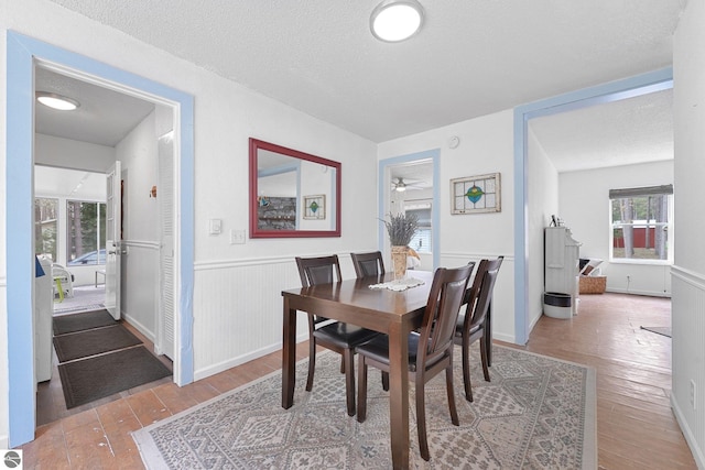 9916 S M-37, Buckley, MI 49620 - dining room with a textured ceiling, a ceiling fan, wainscoting, and hardwood / wood-style floors