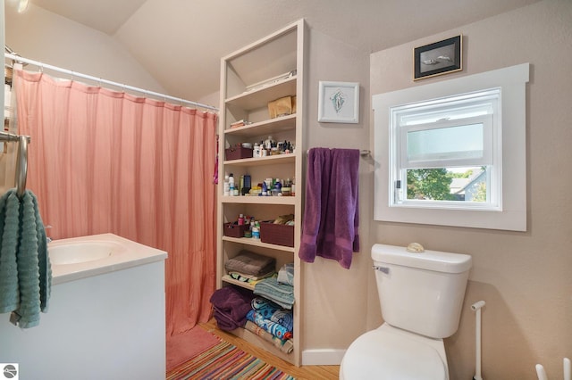 full bathroom with toilet, vaulted ceiling, curtained shower, and vanity