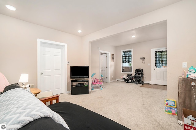 bedroom with carpet floors, baseboards, and recessed lighting
