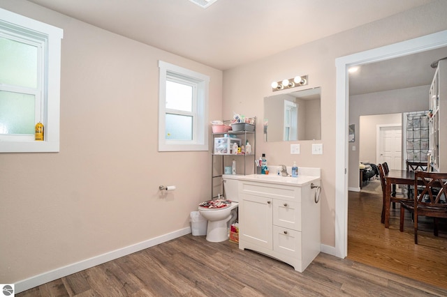 bathroom with baseboards, wood finished floors, and vanity