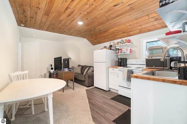 kitchen with wood ceiling, open shelves, a sink, white cabinets, and white appliances