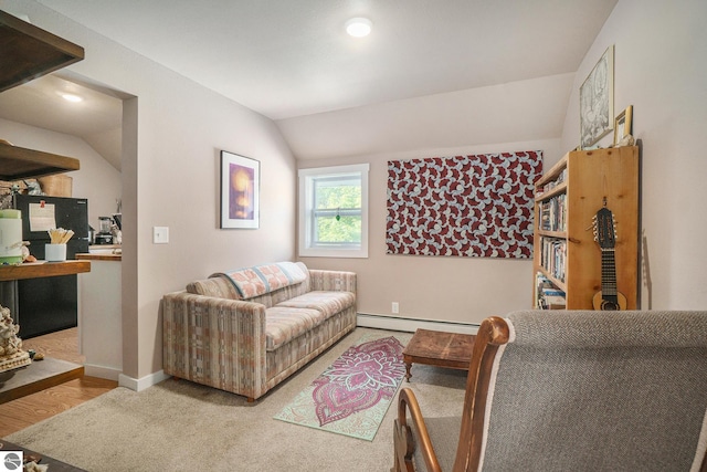 living area featuring baseboards, a baseboard radiator, recessed lighting, and lofted ceiling