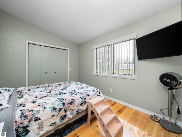 431 E Bittner Ave, Reed City, MI 49618 - bedroom with baseboards, wood finished floors, vaulted ceiling, and a closet
