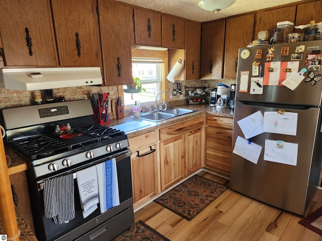 kitchen featuring tasteful backsplash, a sink, light wood finished floors, under cabinet range hood, and stainless steel appliances