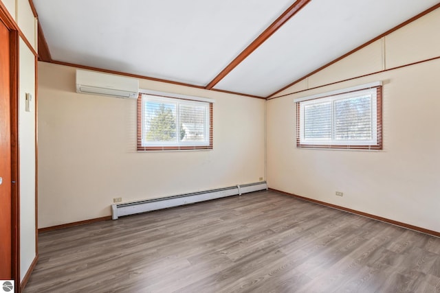 unfurnished room featuring baseboard heating, baseboards, wood finished floors, lofted ceiling, and a wall mounted AC