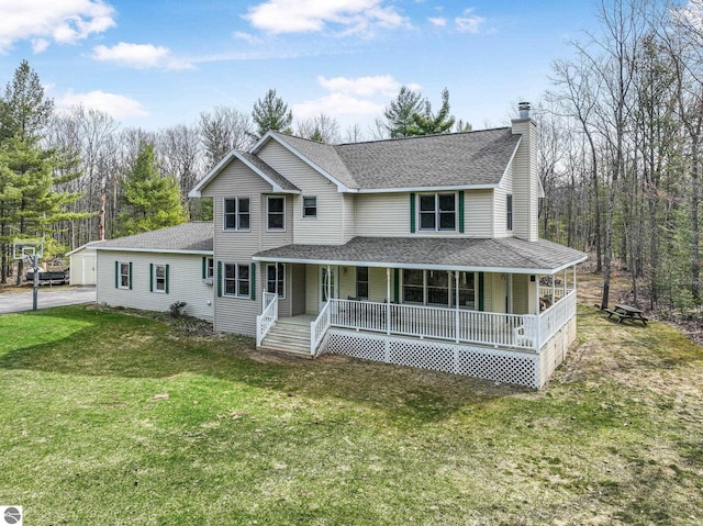 farmhouse with a shingled roof, covered porch, a chimney, and a front lawn