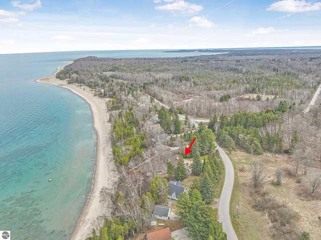 drone / aerial view with a water view and a wooded view