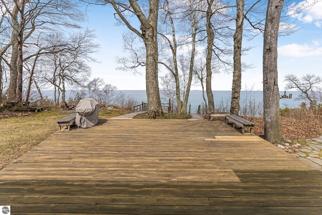 wooden terrace with a water view