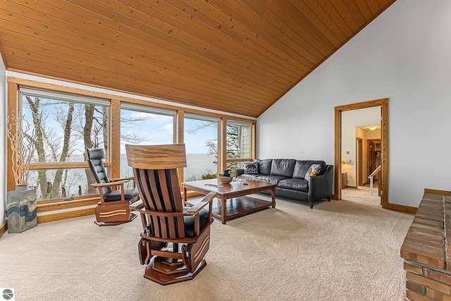 carpeted living room featuring high vaulted ceiling and wood ceiling