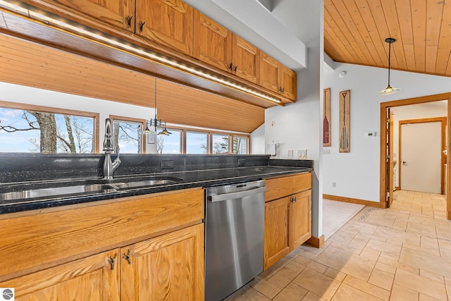 kitchen featuring a sink, baseboards, stainless steel dishwasher, pendant lighting, and wood ceiling