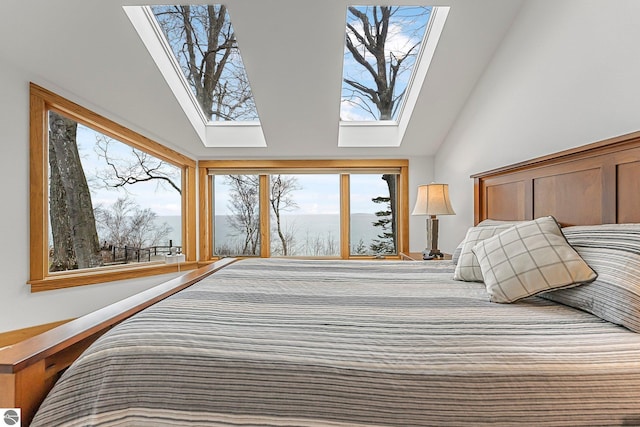 bedroom featuring high vaulted ceiling and a skylight