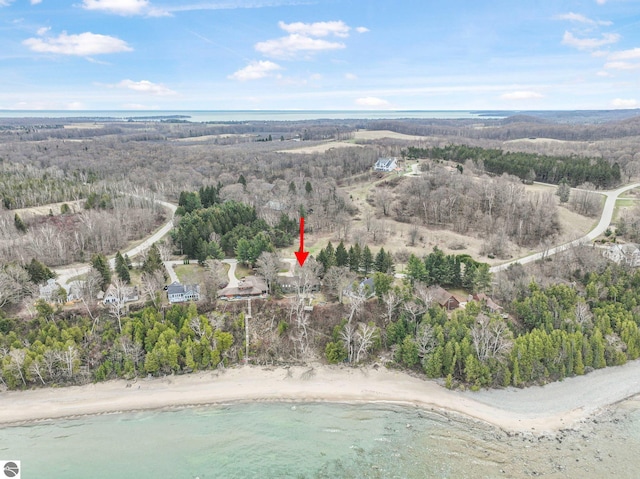 bird's eye view featuring a water view and a view of trees