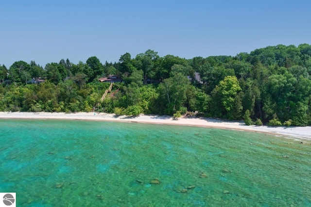 property view of water with a beach view and a forest view