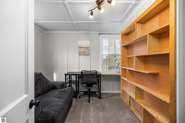 office area featuring a decorative wall and dark colored carpet