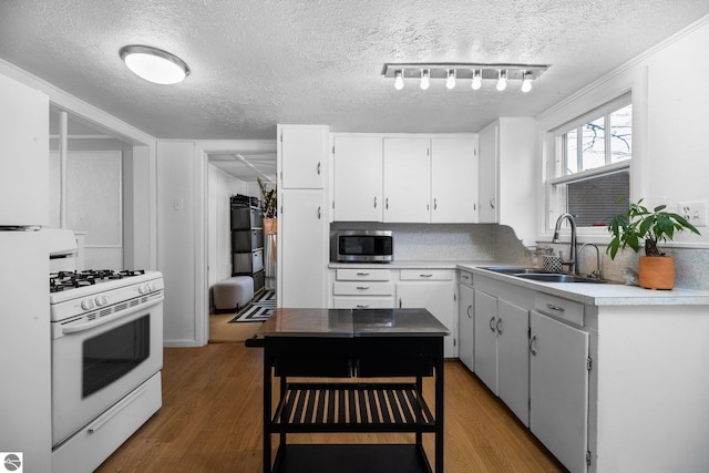kitchen featuring white gas range, stainless steel microwave, a sink, and wood finished floors