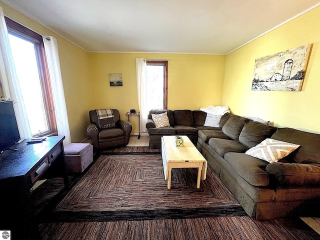 living room with ornamental molding, plenty of natural light, and wood finished floors
