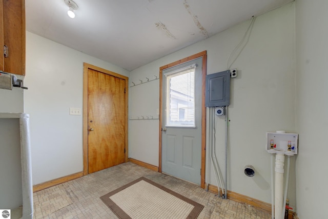 interior space with baseboards, laundry area, hookup for a washing machine, and electric panel