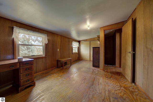 bonus room featuring wood walls and light wood-style flooring