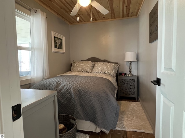 bedroom featuring wooden ceiling, ceiling fan, and wood finished floors