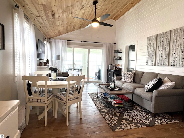 living room with ceiling fan, wooden ceiling, wood finished floors, and high vaulted ceiling