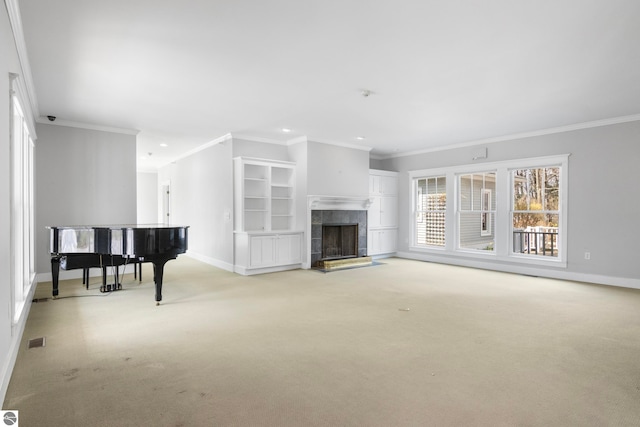 300 S Grand Ave, Leland, MI 49654 - unfurnished living room with baseboards, ornamental molding, light carpet, and visible vents