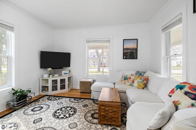 917 Lincoln St, Traverse City, MI 49686 - living room featuring crown molding, baseboards, and wood finished floors