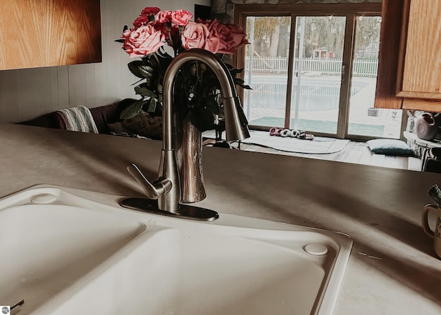 room details with a sink and wood walls