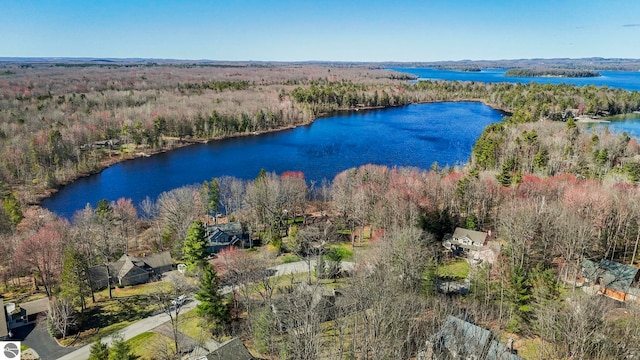 9086 N Tottenham Dr, Traverse City, MI 49685 - birds eye view of property with a water view and a wooded view