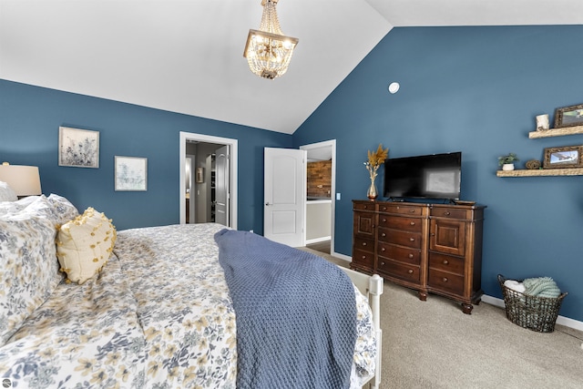 carpeted bedroom with baseboards, high vaulted ceiling, and a notable chandelier