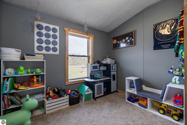 game room with carpet flooring, a textured ceiling, and lofted ceiling