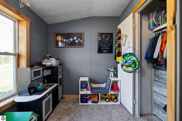 recreation room with carpet flooring, a textured ceiling, and lofted ceiling