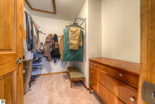 walk in closet with light colored carpet and attic access