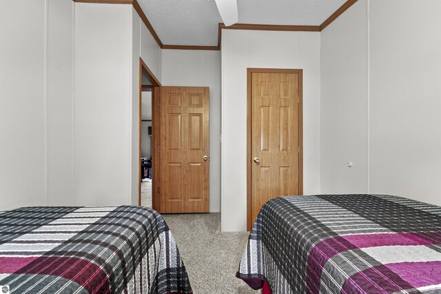 carpeted bedroom with crown molding and a textured ceiling