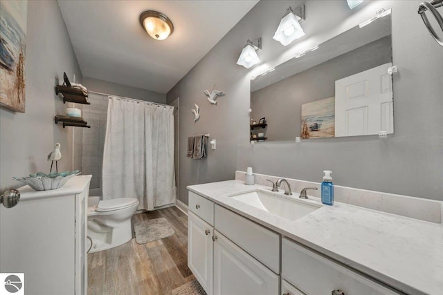 bathroom featuring vanity, toilet, and wood finished floors