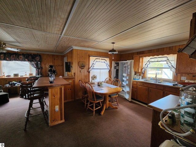 4320 Camp Rd, Oscoda, MI 48750 - dining room featuring dark colored carpet, wood walls, and a healthy amount of sunlight