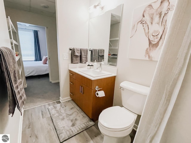 full bath featuring vanity, connected bathroom, wood finished floors, and toilet