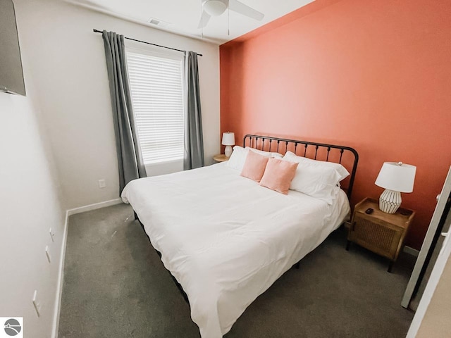 bedroom featuring carpet flooring, a ceiling fan, baseboards, and visible vents