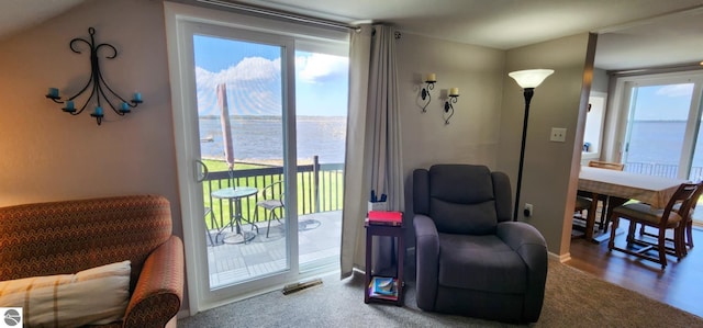 living area with a water view, carpet flooring, and visible vents