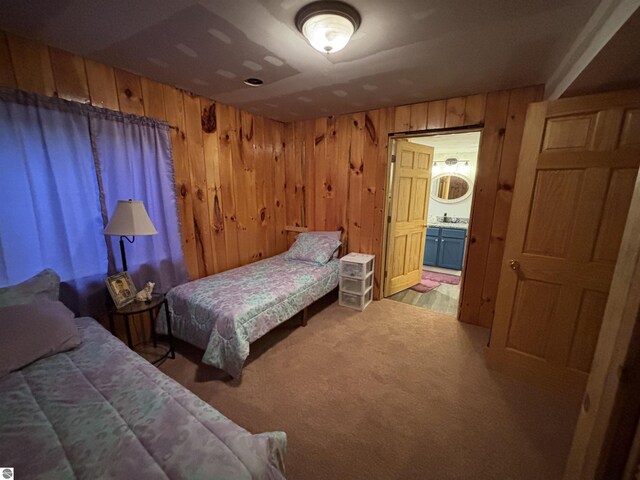3633 Driftwood Dr, Cadillac, MI 49601 - carpeted bedroom featuring a sink, ensuite bath, and wooden walls