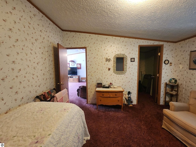 bedroom featuring crown molding, dark colored carpet, a textured ceiling, and lofted ceiling