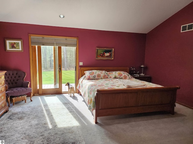 1697 Wildwood Rd, Sterling, MI 48659 - carpeted bedroom featuring recessed lighting, visible vents, access to exterior, and lofted ceiling