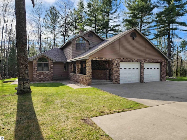 1697 Wildwood Rd, Sterling, MI 48659 - view of front of property featuring a garage, a front lawn, a chimney, brick siding, and driveway