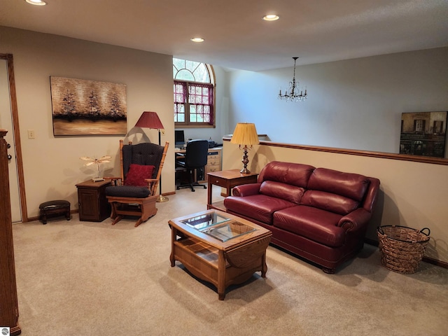 1697 Wildwood Rd, Sterling, MI 48659 - living area with recessed lighting, carpet flooring, baseboards, and an inviting chandelier
