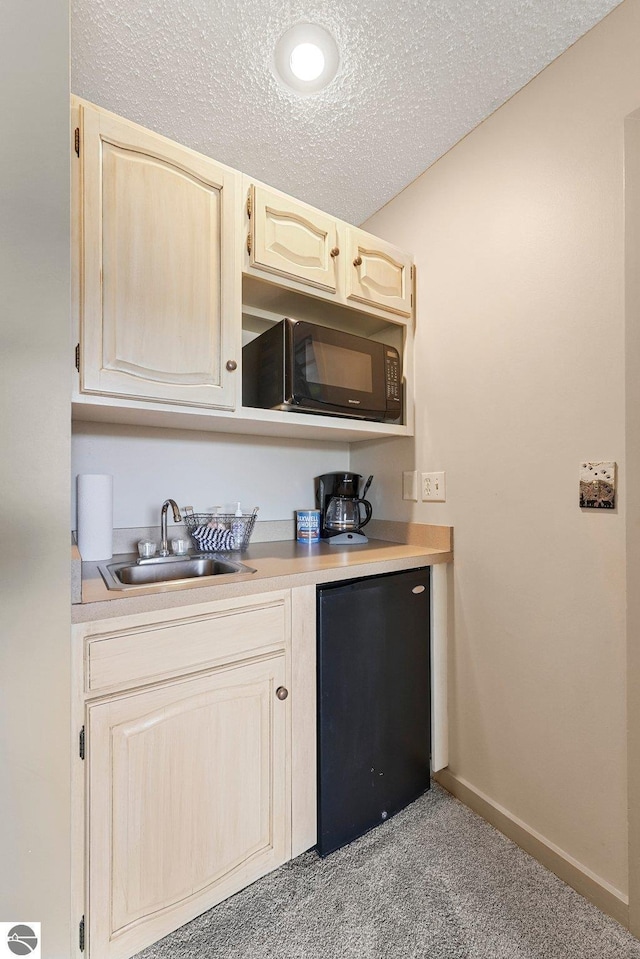 interior space featuring light brown cabinetry, black microwave, carpet flooring, a textured ceiling, and a sink
