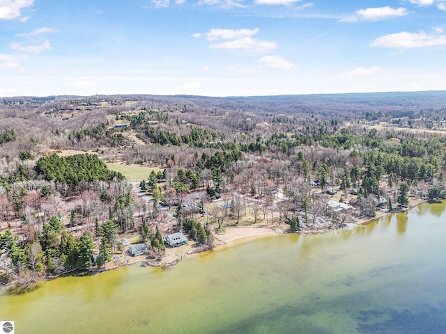 drone / aerial view featuring a water view and a view of trees