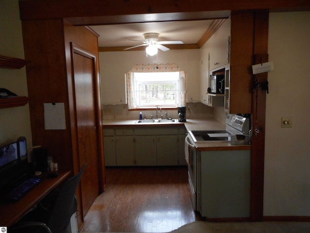 kitchen featuring ornamental molding, white range with electric cooktop, ceiling fan, a sink, and light wood finished floors