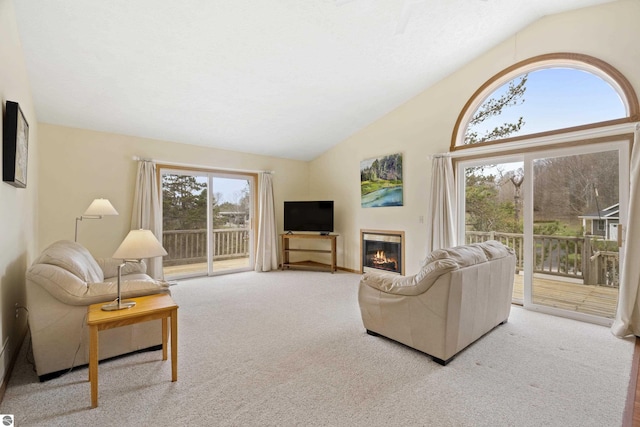 8377 Orchard Hill Rd, Beulah, MI 49617 - living area featuring carpet flooring, a glass covered fireplace, and vaulted ceiling
