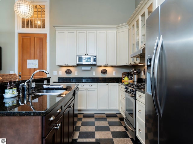 kitchen featuring glass insert cabinets, appliances with stainless steel finishes, a sink, white cabinets, and dark floors